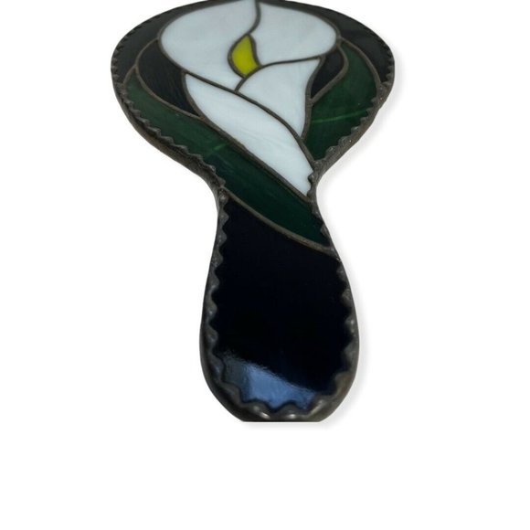 Vintage Stained Glass Hand Vanity Mirror Tulip green yellow Calla lily Black - Picture 2 of 5